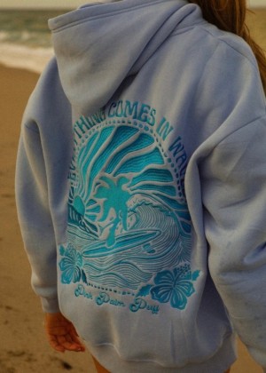 Pink Palm Puff Everything Comes in Waves Hoodie Blue | SOW369724