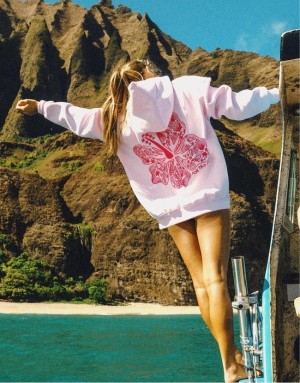 Pink Palm Puff Hawaii Hibiscus Hoodie Pink | DWU907834