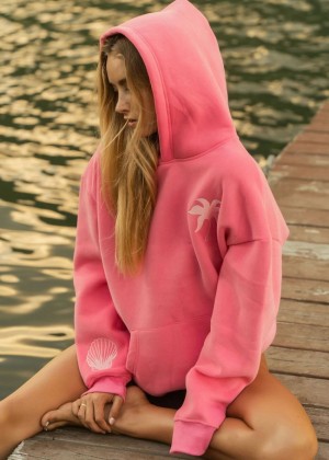 Pink Palm Puff Hawaii Hibiscus Hoodie Pink | VFN241503