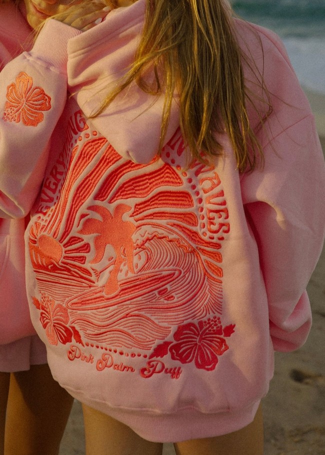 Pink Palm Puff Everything Comes in Waves Hoodie Pink | GZN015879