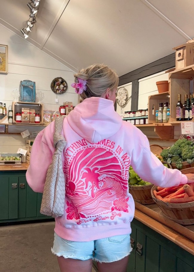 Pink Palm Puff Everything Comes in Waves Hoodie Pink | GZN015879