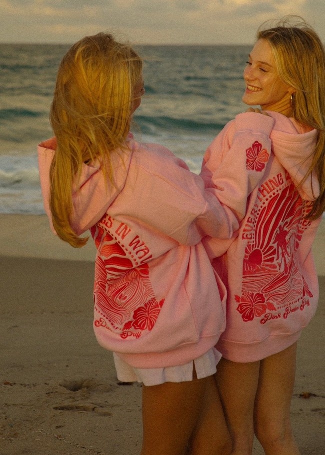 Pink Palm Puff Everything Comes in Waves Hoodie Pink | GZN015879