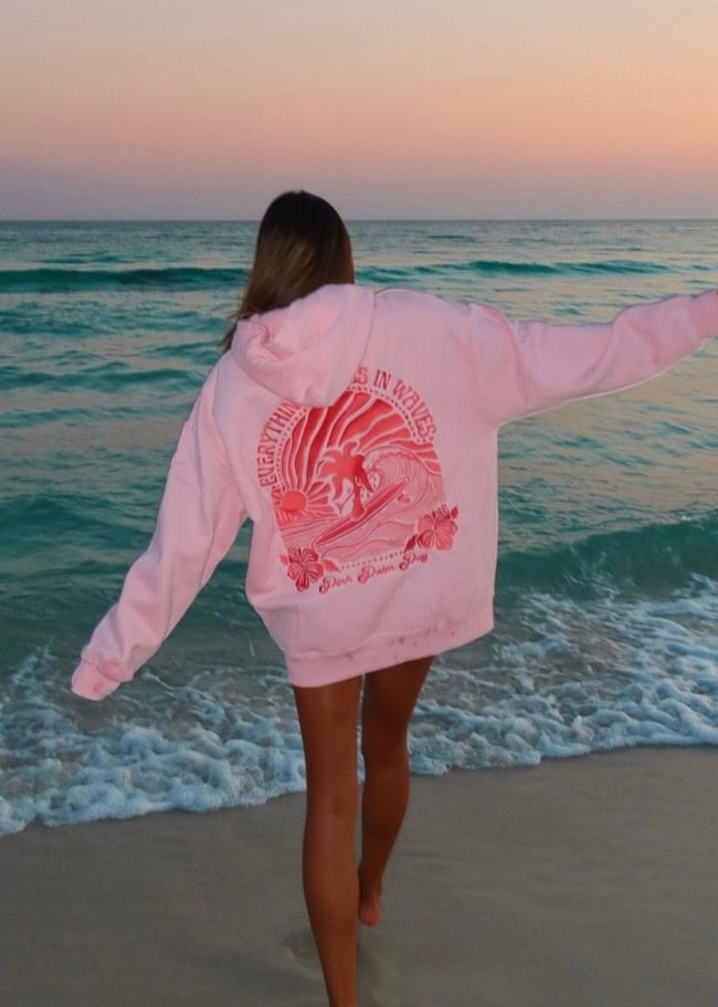 Pink Palm Puff Everything Comes in Waves Hoodie Pink | GZN015879