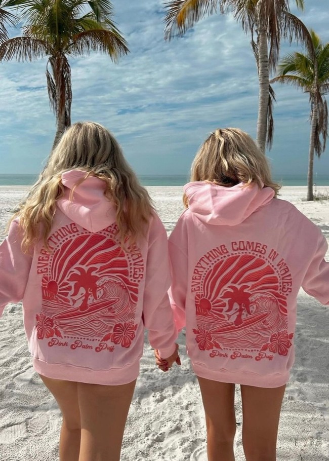 Pink Palm Puff Everything Comes in Waves Hoodie Pink | GZN015879