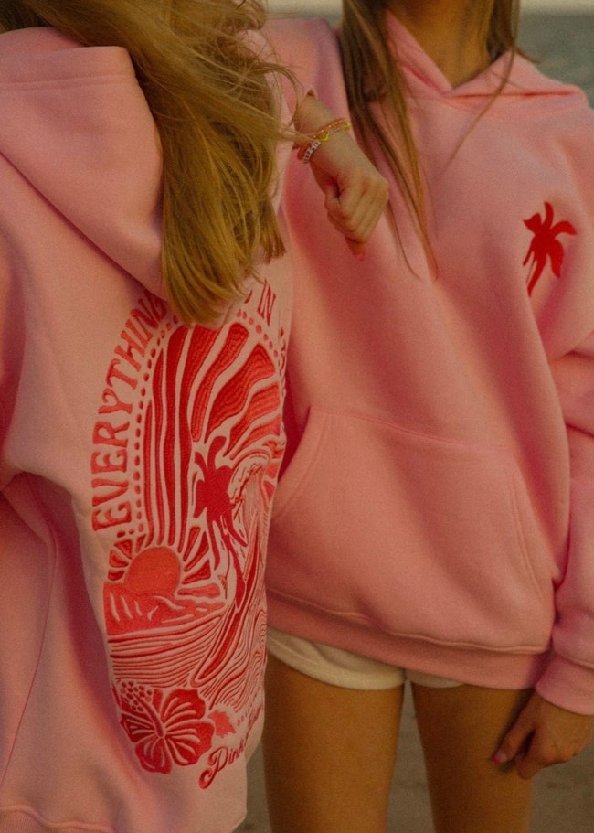 Pink Palm Puff Everything Comes in Waves Hoodie Pink | GZN015879