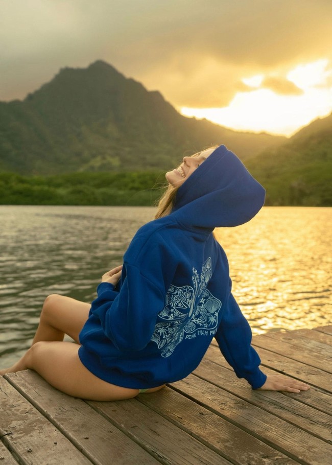 Pink Palm Puff Hawaii Hibiscus Hoodie Blue | ZPS137298