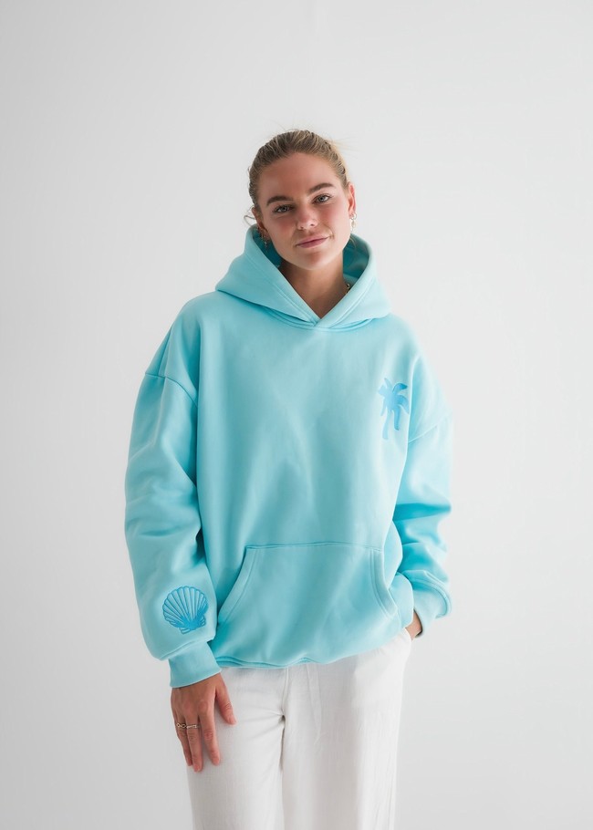 Pink Palm Puff Hawaii Hibiscus Hoodie Blue | HUZ324816