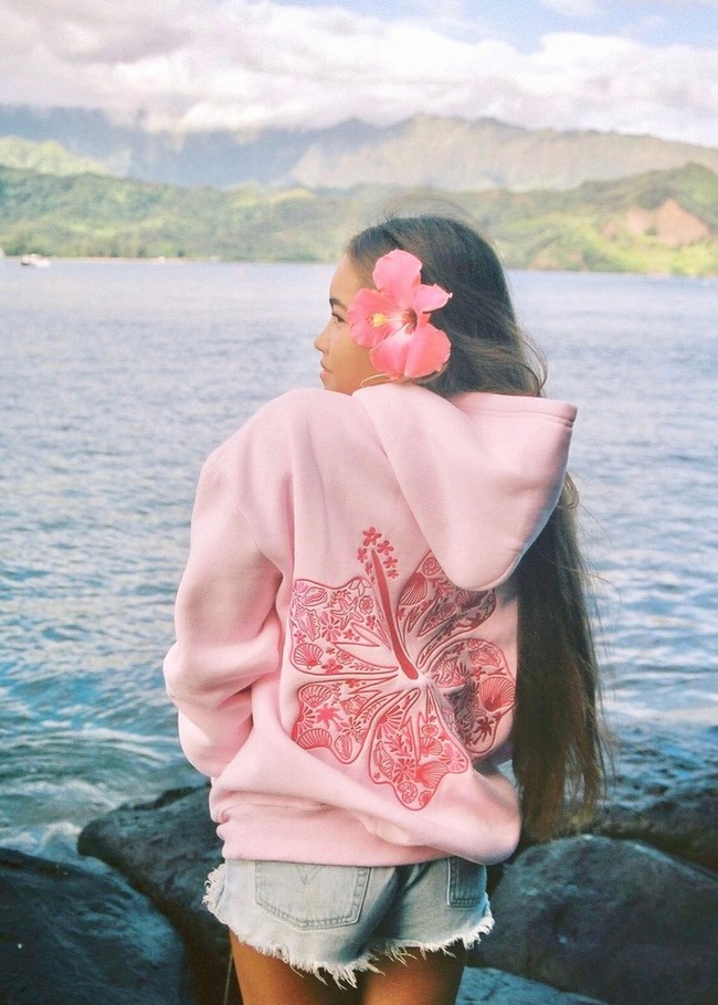 Pink Palm Puff Hawaii Hibiscus Hoodie Pink | DWU907834