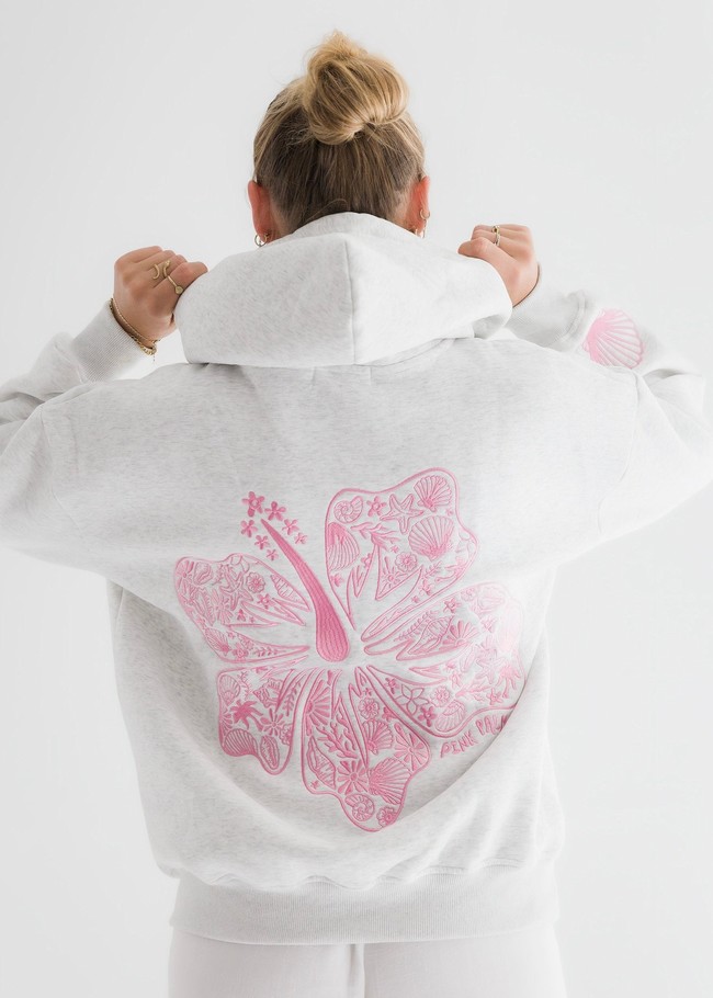 Pink Palm Puff Hawaii Hibiscus Hoodie White | SZN402581