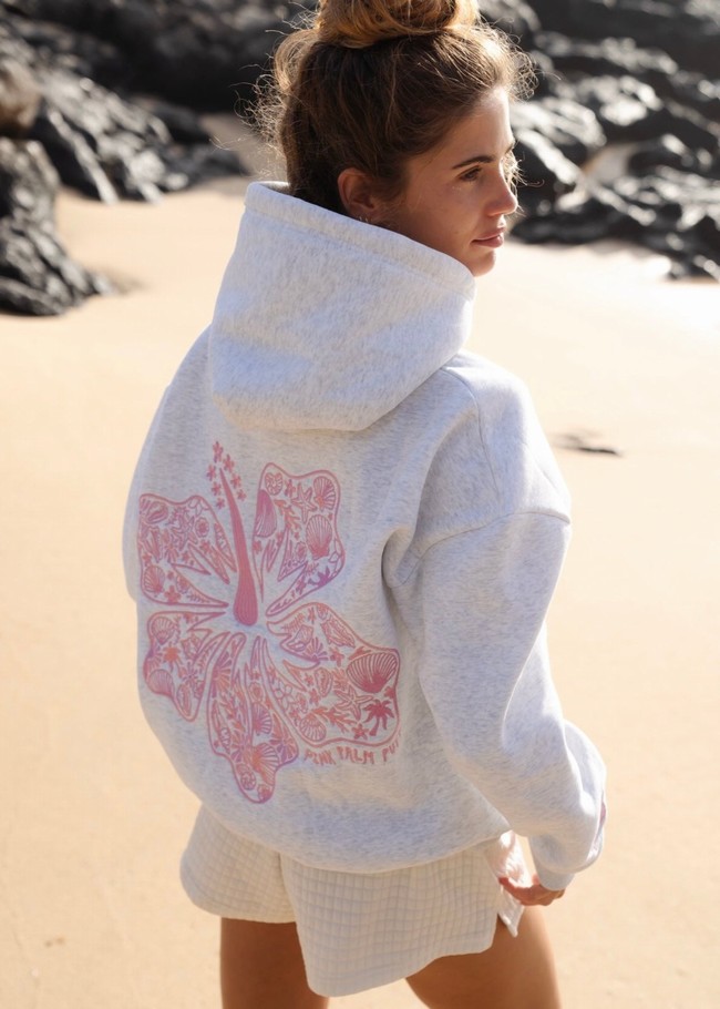 Pink Palm Puff Hawaii Hibiscus Hoodie White | SZN402581